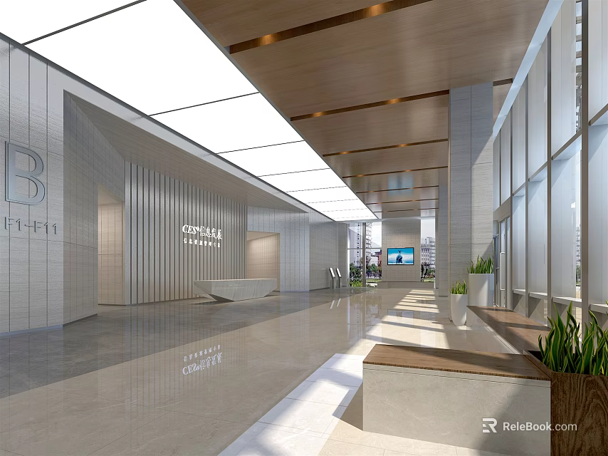 Modern Lobby Front Desk Reception Area With Wooden Ceiling Glass Windows And Green Plants 3d model 