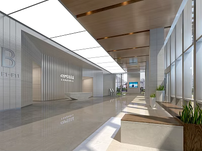 Modern Lobby Front Desk Reception Area With Wooden Ceiling Glass Windows And Green Plants 3d model