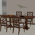 Modern Wooden Dining Table Set with Carved Backrest Chairs and Potted Plant