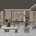Modern Tea Room Interior Design With Wooden Table Shelves Chairs And Tea Sets