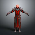 Game Movie Character With Bald Head Red Black Robe Armor Details Waist Belt Arms Outstretched