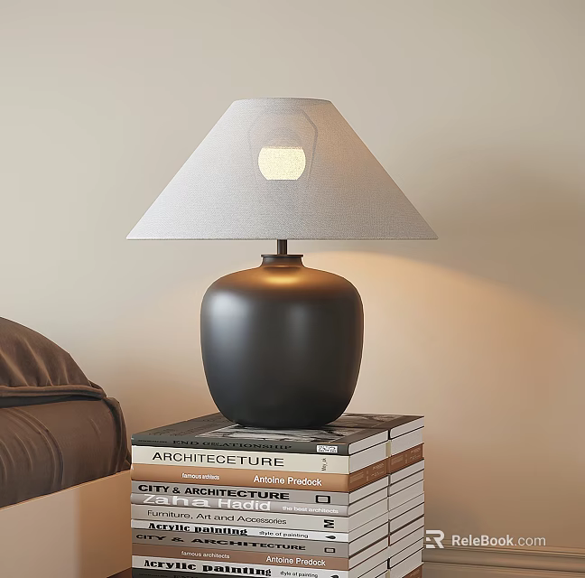 Modern Black Ceramic Table Lamp With Gray Shade On Stack Of Architecture Books 3d model 