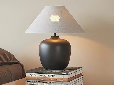 Modern Black Ceramic Table Lamp With Gray Shade On Stack Of Architecture Books 3d model