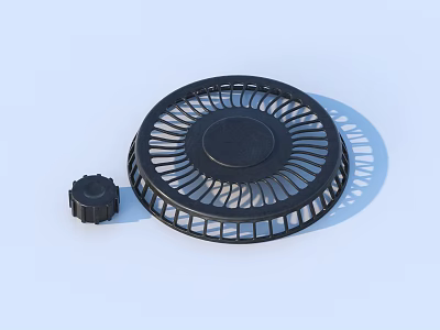 Black Circular Mechanical Fan Cover with Small Knob and Ventilation Holes 3d model