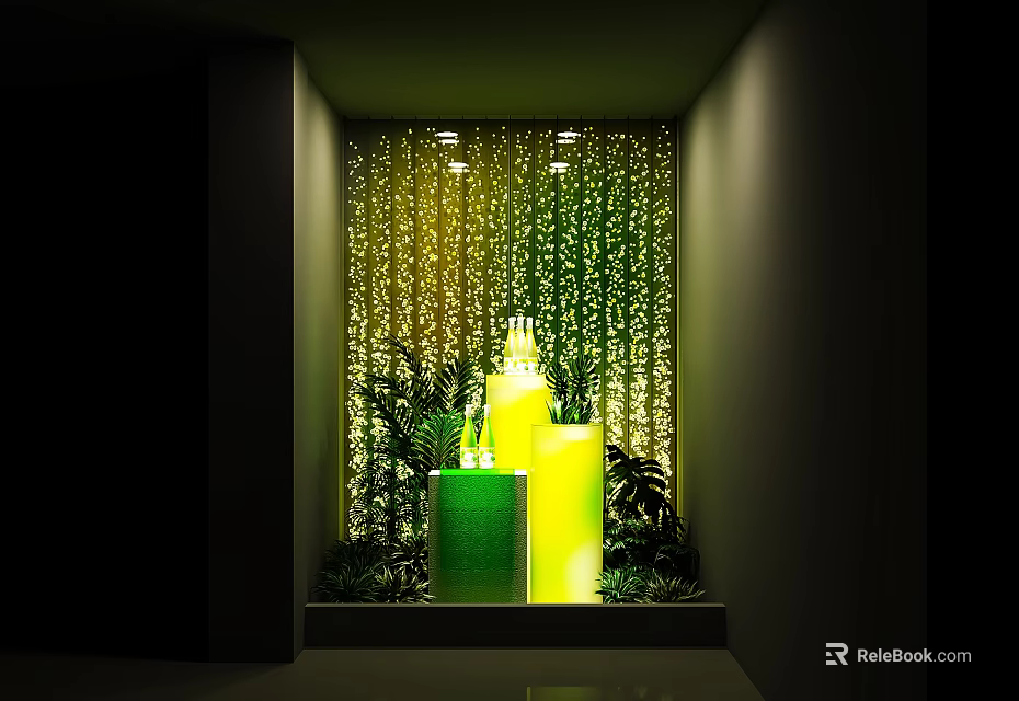 Showcase Featuring Green And Yellow Glowing Pillars Green Curtain Backdrop Top Lighting And Bottom Plants 3d model 