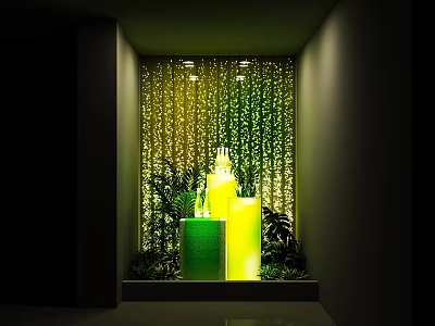 Showcase Featuring Green And Yellow Glowing Pillars Green Curtain Backdrop Top Lighting And Bottom Plants 3d model