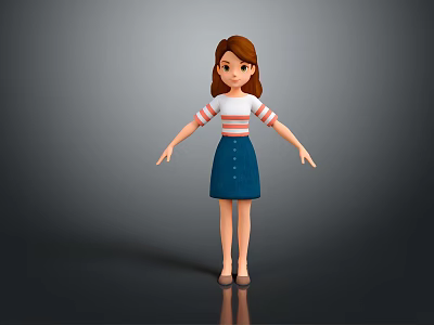 Animated Female Character Wearing Red White Striped Shirt And Blue Denim Skirt With Brown Hair 3d model