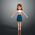 Animated Female Character Wearing Red White Striped Shirt And Blue Denim Skirt With Brown Hair
