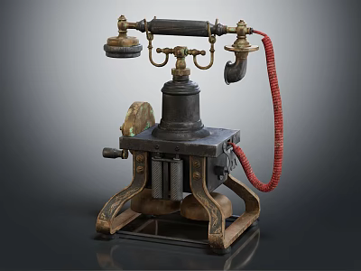 Vintage Telephone With Old Fashioned Design Metal Base Red Coiled Cord And Brass Accents 3d model