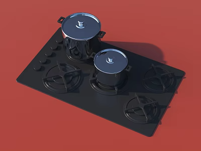 Modern Kitchen Cabinets With Black Gas Stove And Silver Pots On Red Background 3d model