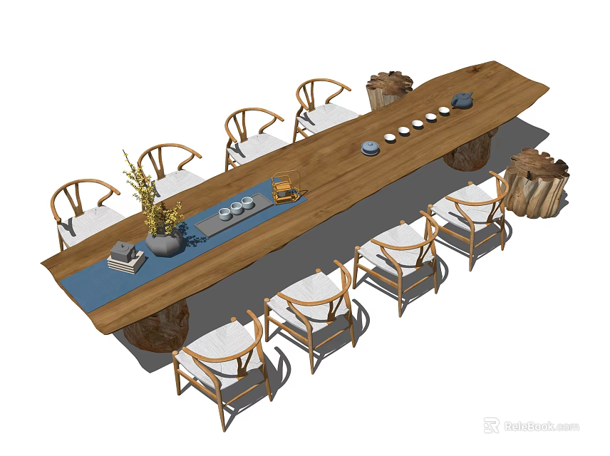 Rustic Wooden Tea Table with Curved Back Chairs and Tea Sets Decoration 3d model 