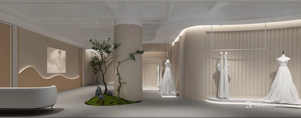 Elegant Modern Clothing Store With White Dresses And Greenery Interior Design 3d model 