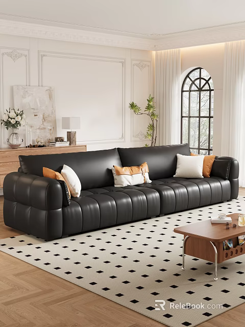 Modern Black Leather Sofa With Orange And White Pillows And Wooden Coffee Table Set 3d model 