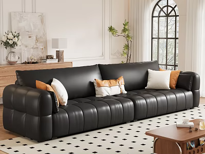 Modern Black Leather Sofa With Orange And White Pillows And Wooden Coffee Table Set 3d model
