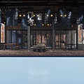 Traditional Chinese Ancient Interior With Blue Calligraphy Banners Wooden Beams And Stone Tables