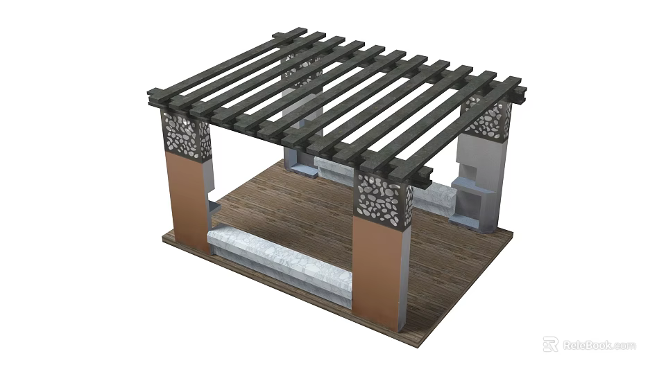 Outdoor Pergola Structure With Wooden Roof Beams And Decorative Carved Pillars 3d model 