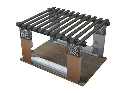 Outdoor Pergola Structure With Wooden Roof Beams And Decorative Carved Pillars 3d model