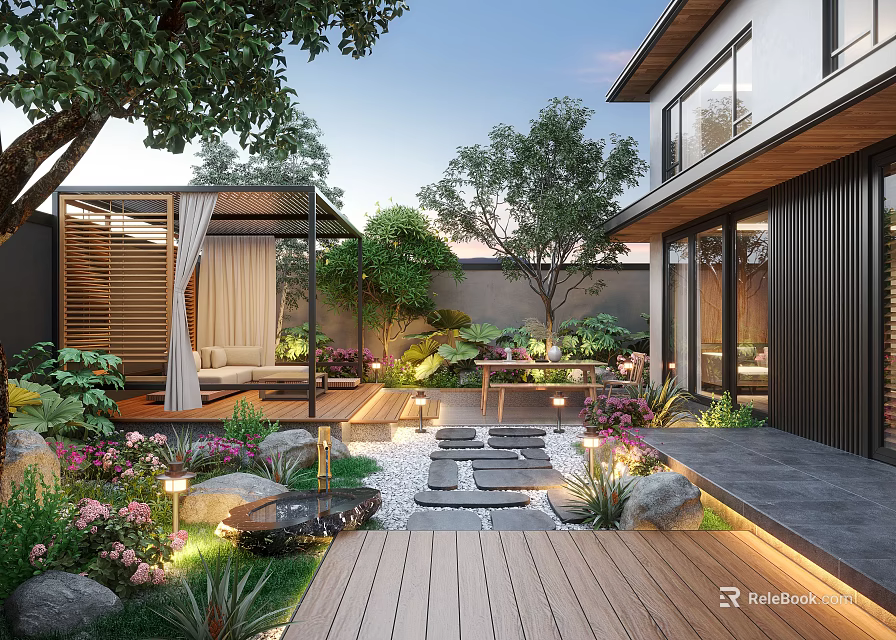 Modern Garden With Wooden Deck Stone Pathway Green Plants Flowers Pergola And Outdoor Seating Area 3d model 