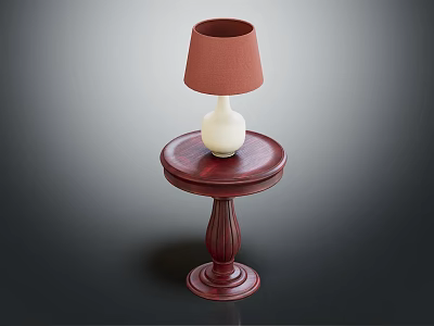 Classic Wooden Side Table Featuring Round Top Carved Leg And Brown Lampshade 3d model