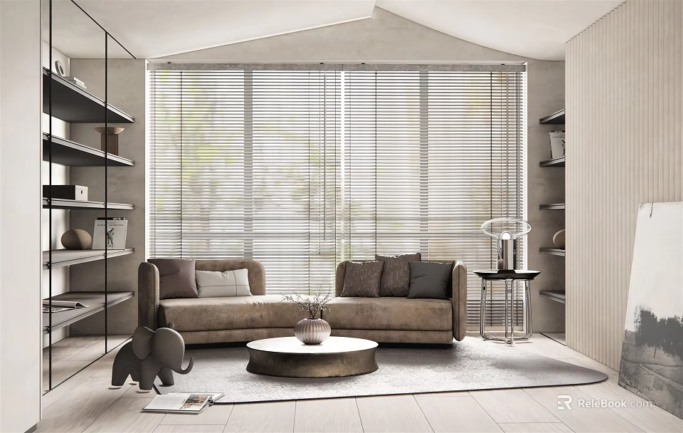 Modern Living Room Interior Design With Beige Sofa Round Coffee Table And Large Windows 3d model 
