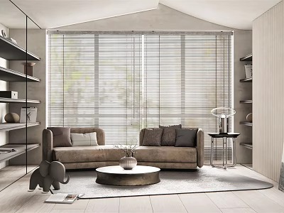 Modern Living Room Interior Design With Beige Sofa Round Coffee Table And Large Windows 3d model