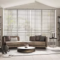 Modern Living Room Interior Design With Beige Sofa Round Coffee Table And Large Windows