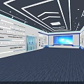 Modern Contemporary Indoor Space Interior With Curved Large Screen Central Column And Blue Carpet