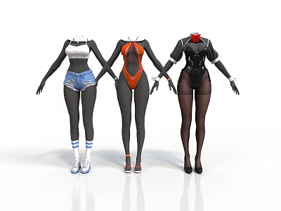 Three Female Models Wearing Different Fashion Outfits And Accessories 3d model