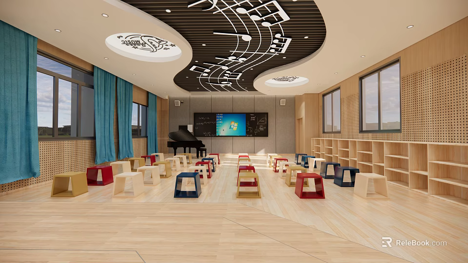 Vibrant Art and Book Integrated Classroom With Colorful Stools Piano And Musical Note Ceiling 3d model 
