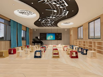 Vibrant Art and Book Integrated Classroom With Colorful Stools Piano And Musical Note Ceiling 3d model