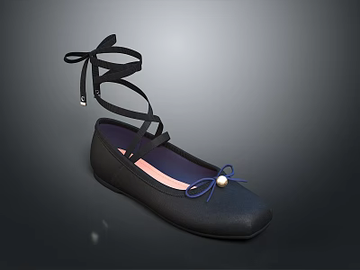 Women's Black Flats With Elegant Lace Up Straps And Pearl Accent Fashionable Design 3d model