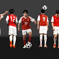Group of Men Wearing Red Jerseys and White Shorts with Soccer Balls Against Black Background