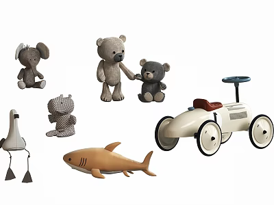 Adorable Stuffed Bears Elephant And Shark Plush Toys With Tricycle For Kids Playtime 3d model