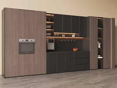 Modern Wooden And Black Sideboard With Cabinets Drawers Open Shelves Fruit Bowl And LED Lighting 3d model