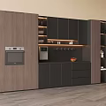 Modern Wooden And Black Sideboard With Cabinets Drawers Open Shelves Fruit Bowl And LED Lighting