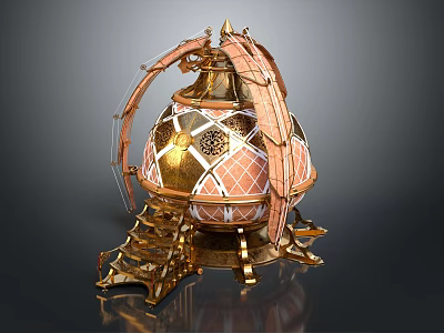 Ornate Egg Shaped Decorative Artifact With Gold Accents Pink Geometric Patterns And Intricate Metal Stand 3d model