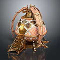 Ornate Egg Shaped Decorative Artifact With Gold Accents Pink Geometric Patterns And Intricate Metal Stand