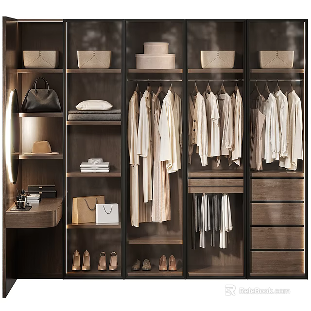 Modern Organized Wardrobe Interior With Hanging Clothes Folded Items Bags Shoes Storage Boxes And Drawers 3d model 