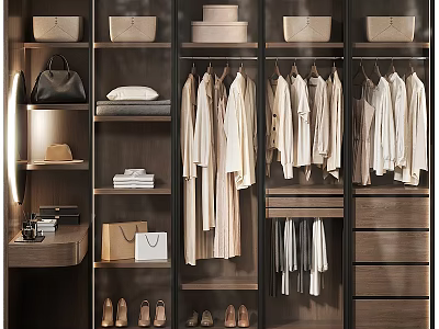 Modern Organized Wardrobe Interior With Hanging Clothes Folded Items Bags Shoes Storage Boxes And Drawers 3d model