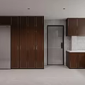 Modern Kitchen Interior With Dark Brown Cabinets White Countertop Gray Tiled Backsplash And Appliances