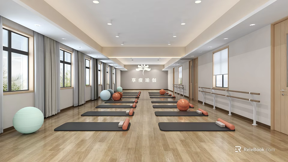 Spacious Bright Yoga Fitness Studio With Multiple Yoga Mats Exercise Balls And Wooden Flooring 3d model 