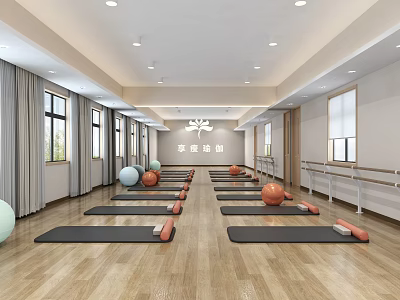 Spacious Bright Yoga Fitness Studio With Multiple Yoga Mats Exercise Balls And Wooden Flooring 3d model