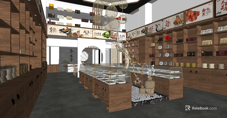 Traditional Chinese Specialty Store with Glass Display Counters and Wall Decorations 3d model 
