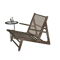 Modern Leisure Chair With Wooden Frame And Woven Design By Small Table On Marble Floor