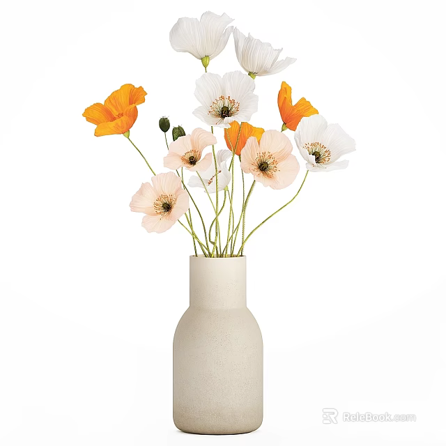 Decorative Ornament Set with Beige Vase and Orange White Pink Flowers for Home Decoration 3d model 