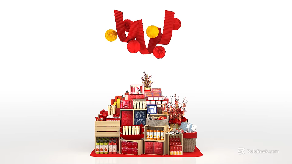 Vibrant Window Display Decoration With Red Yellow Balloons Stacked Gift Boxes And Festive Product Arrangements 3d model 