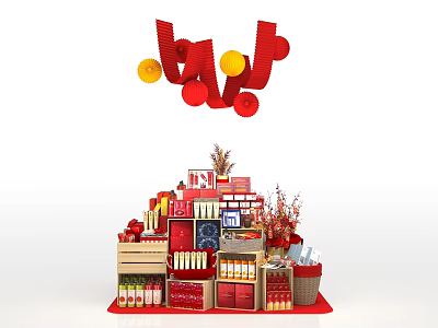 Vibrant Window Display Decoration With Red Yellow Balloons Stacked Gift Boxes And Festive Product Arrangements 3d model