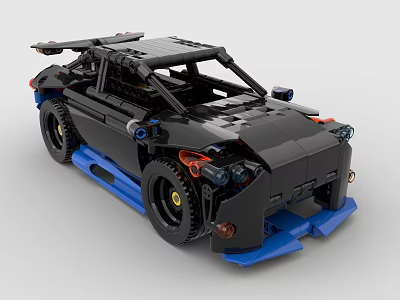 Detailed Black Sports Car Model Built With Building Blocks And Blue Accents 3d model