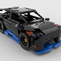 Detailed Black Sports Car Model Built With Building Blocks And Blue Accents