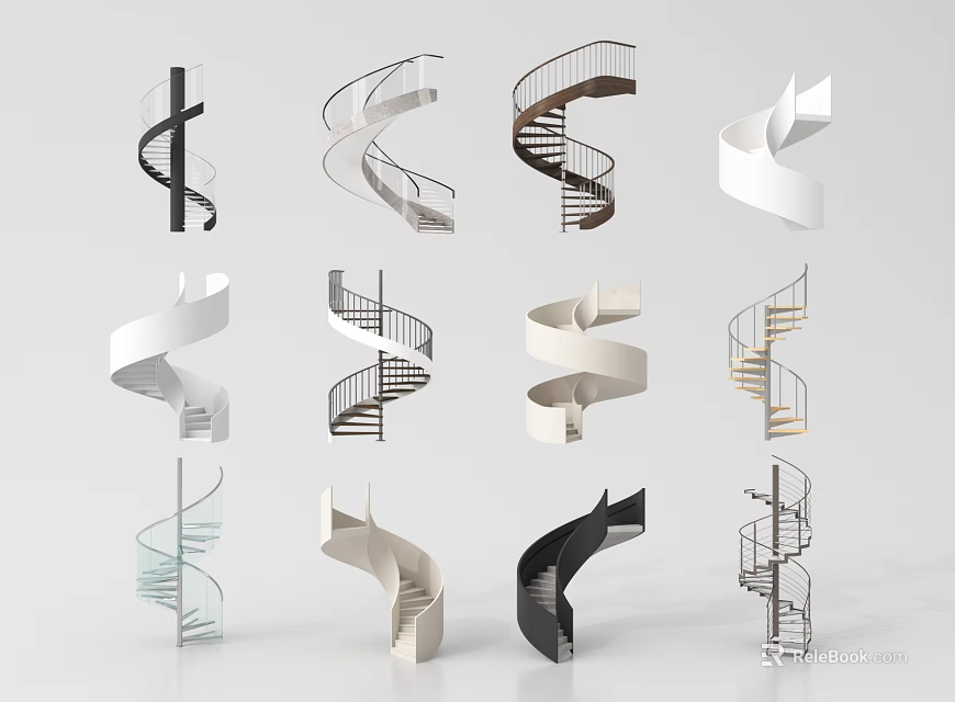 Modern Spiral Stairs Design With Various Metal Glass And Wooden Elements 3d model 